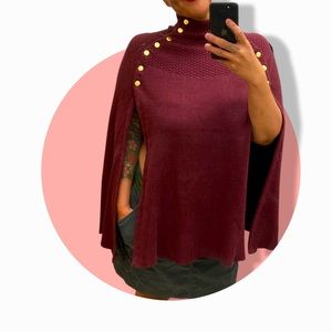 G.I.L.I Cape Sweater w/Snap neck & shoulder accents. Burgundy color